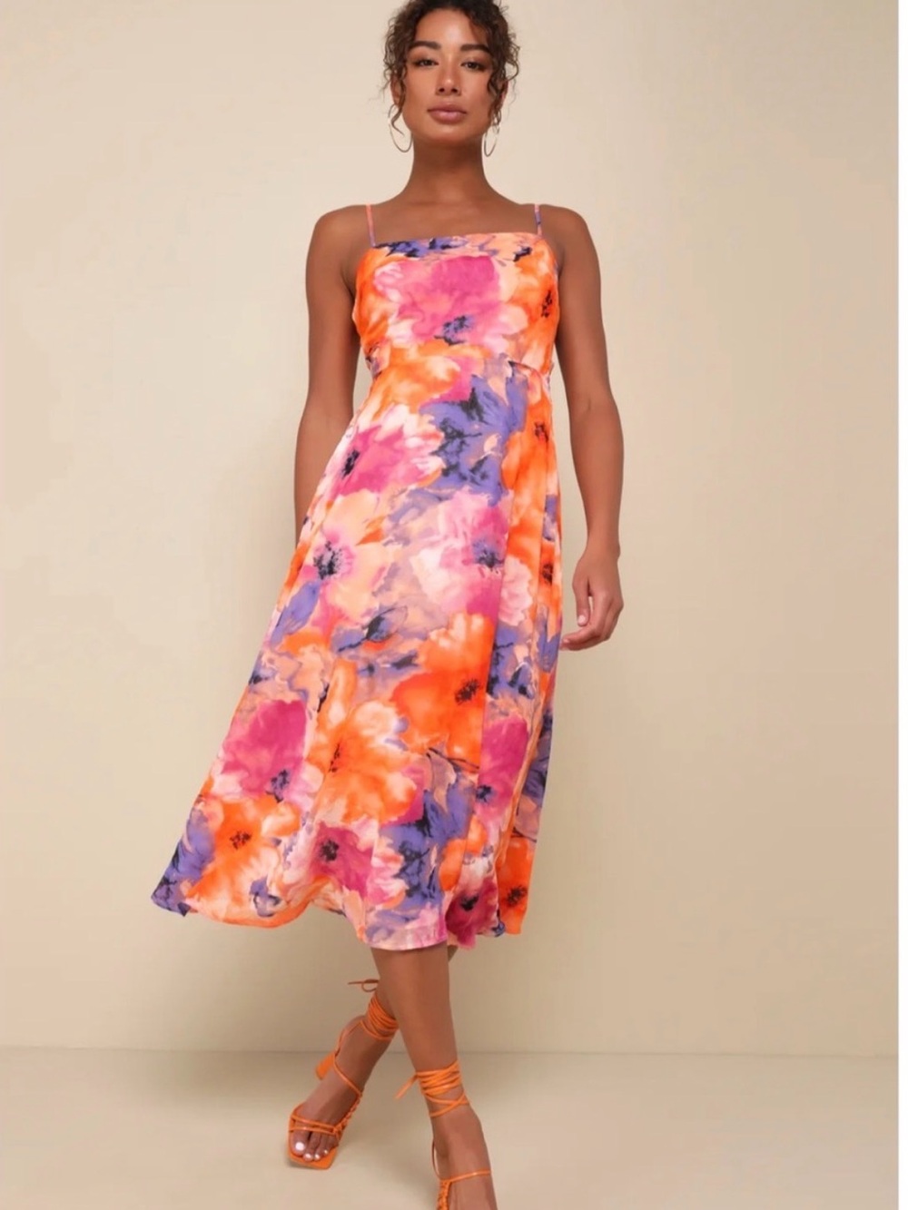 Lulu's Orange, Pink & Purple Watercolor Floral Midi Dress